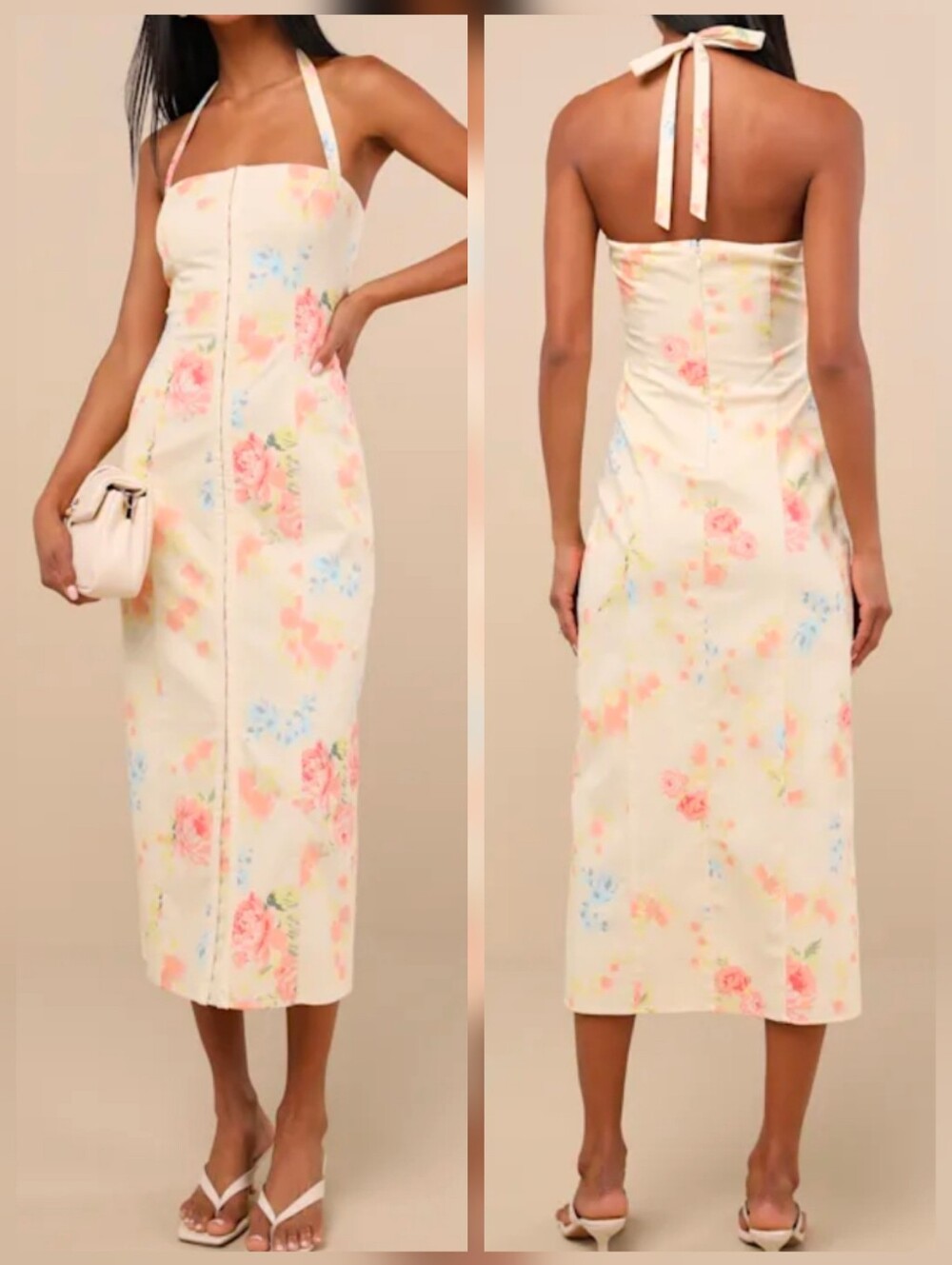 Lulus Arrosa Light Yellow Floral Halter Midi Dress - Size Medium - NWT